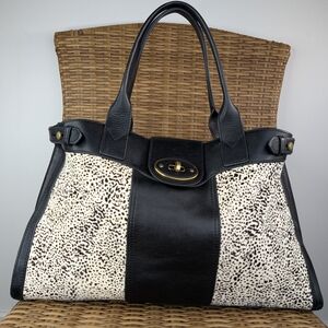 Fossil Weekender Leather Calf Hair Animal Print Tote Shoulder Bag Black White